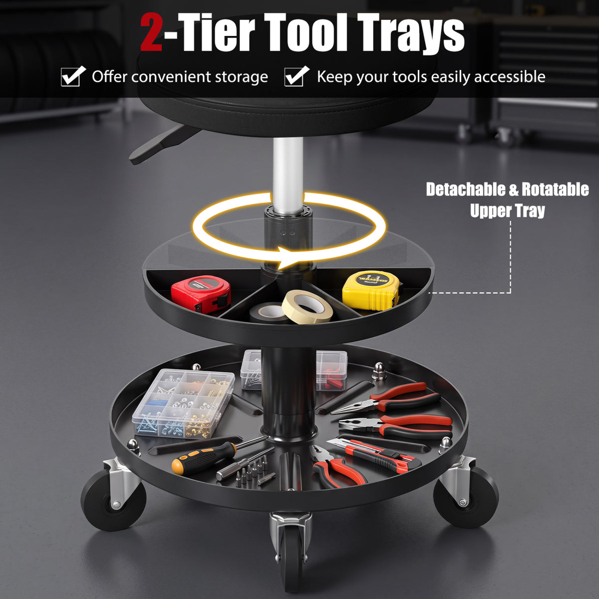 16.5 inches-22 inches Adjustable Height Seat Rolling Mechanic Stool with Wheels-Black view 5