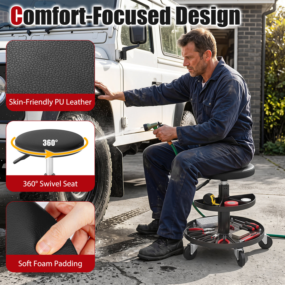16.5 inches-22 inches Adjustable Height Seat Rolling Mechanic Stool with Wheels-Black view 7
