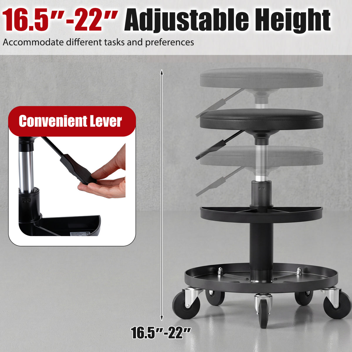 16.5 inches-22 inches Adjustable Height Seat Rolling Mechanic Stool with Wheels-Black view 8