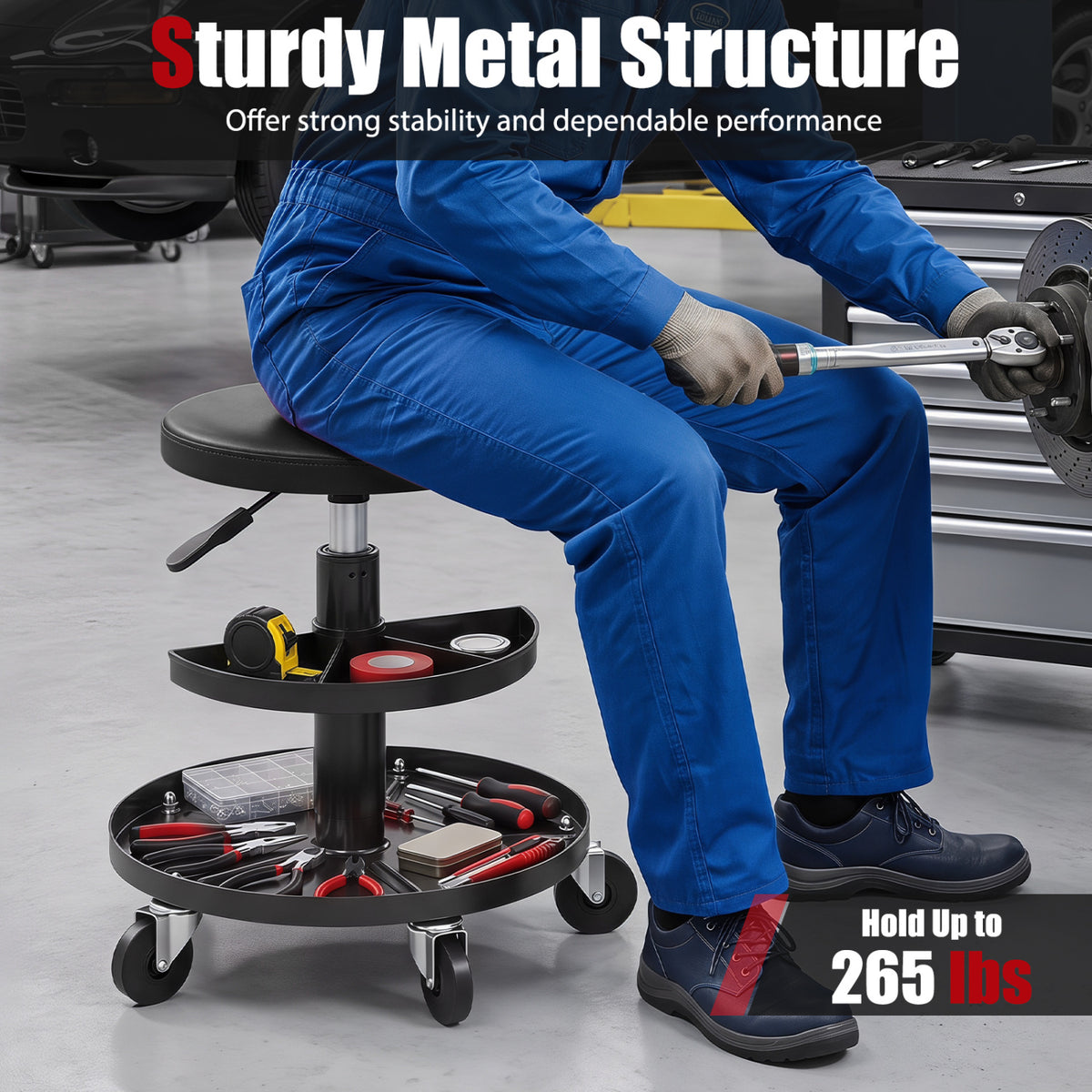 16.5 inches-22 inches Adjustable Height Seat Rolling Mechanic Stool with Wheels-Black view 9