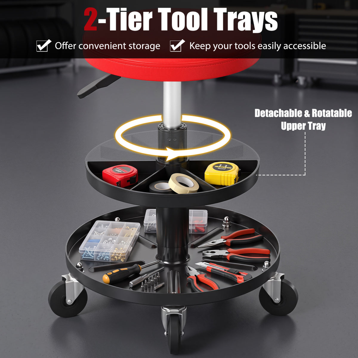 16.5 inches-22 inches Adjustable Height Seat Rolling Mechanic Stool with Wheels-Red view 5