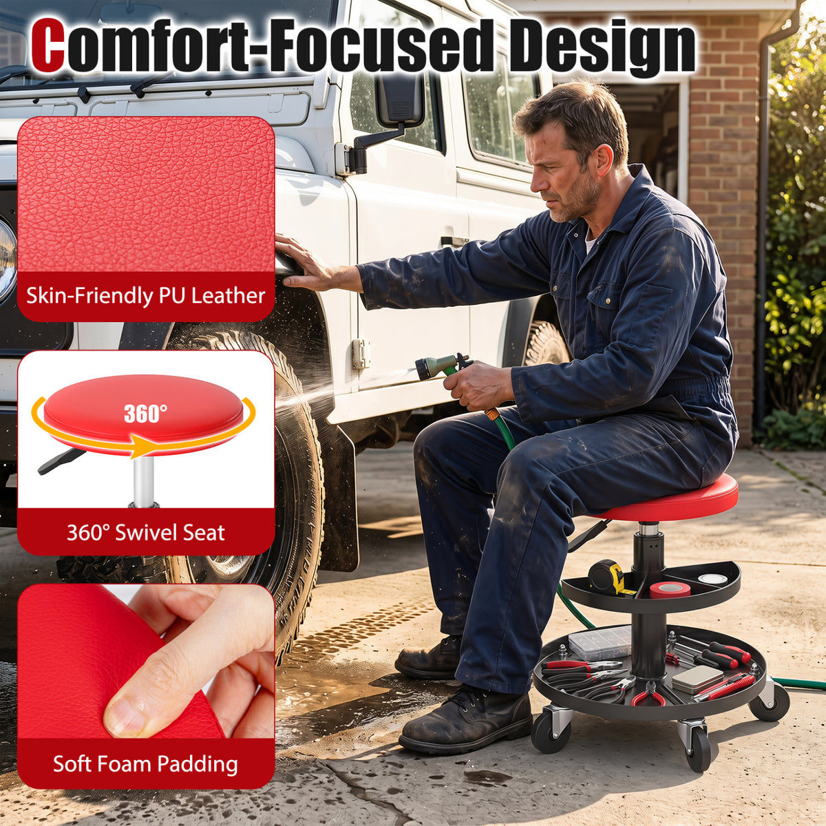 16.5 inches-22 inches Adjustable Height Seat Rolling Mechanic Stool with Wheels-Red view 7
