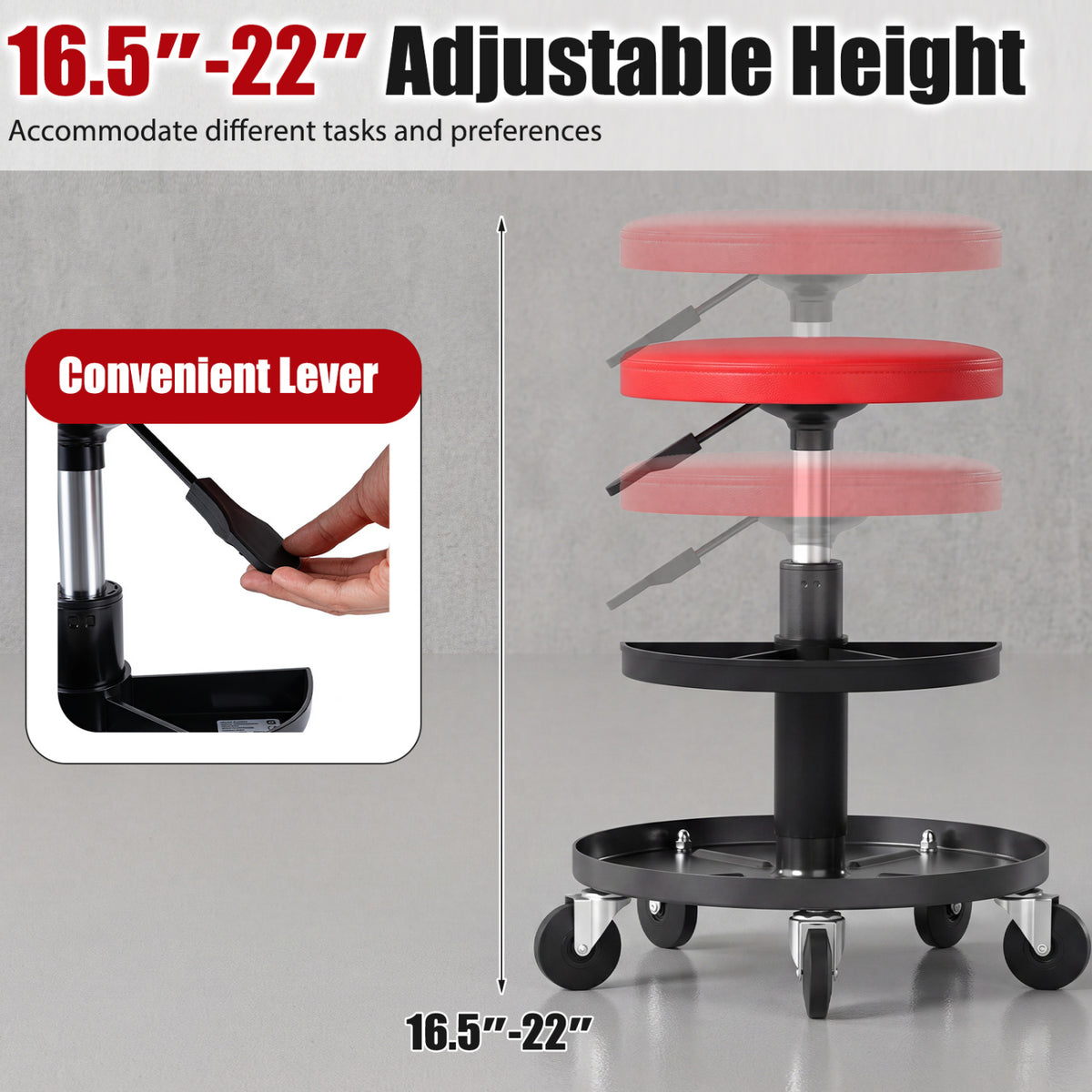 16.5 inches-22 inches Adjustable Height Seat Rolling Mechanic Stool with Wheels-Red view 8