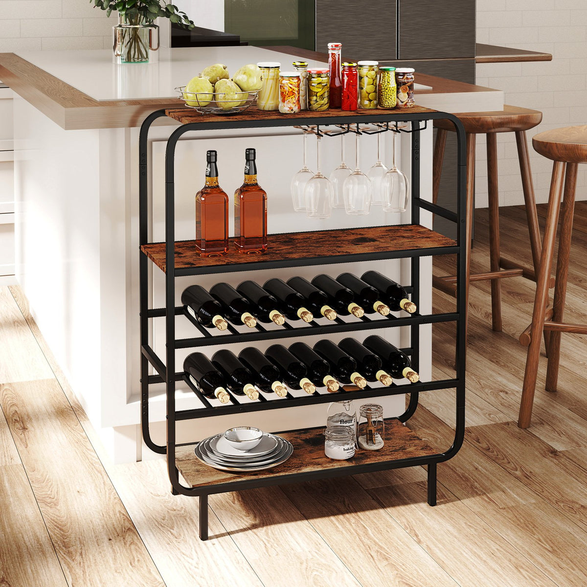 16 Bottle Wine Rack with 5-Tier Wine Shelf and Glass Holders for Kitchen Bar-Rustic Brown view 2