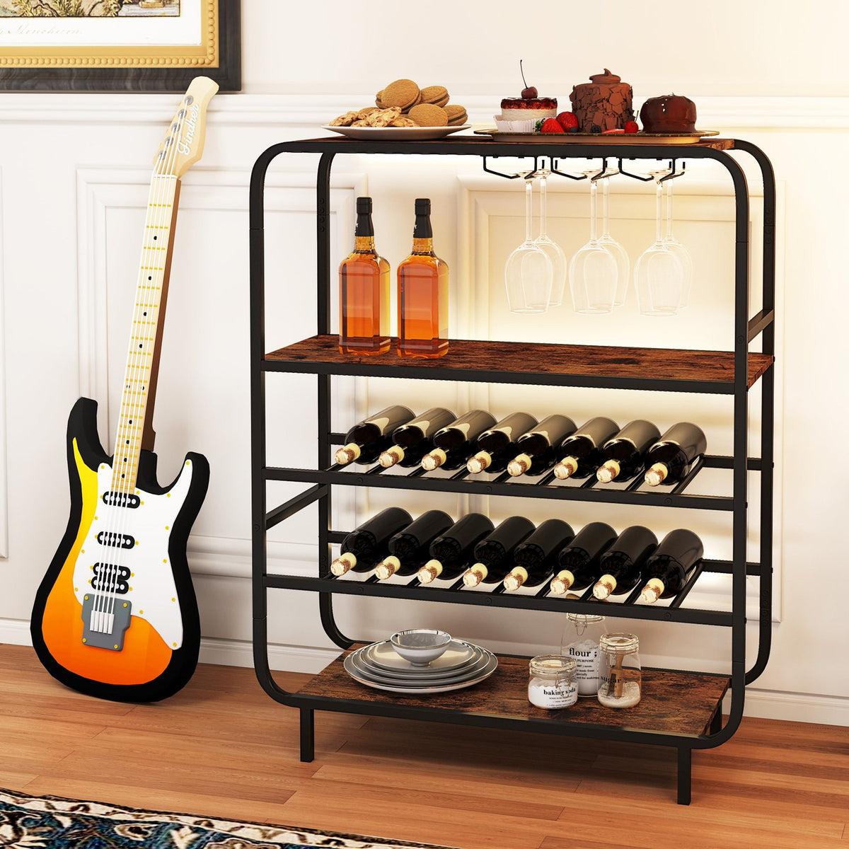 16 Bottle Wine Rack with 5-Tier Wine Shelf and Glass Holders for Kitchen Bar-Rustic Brown view 3