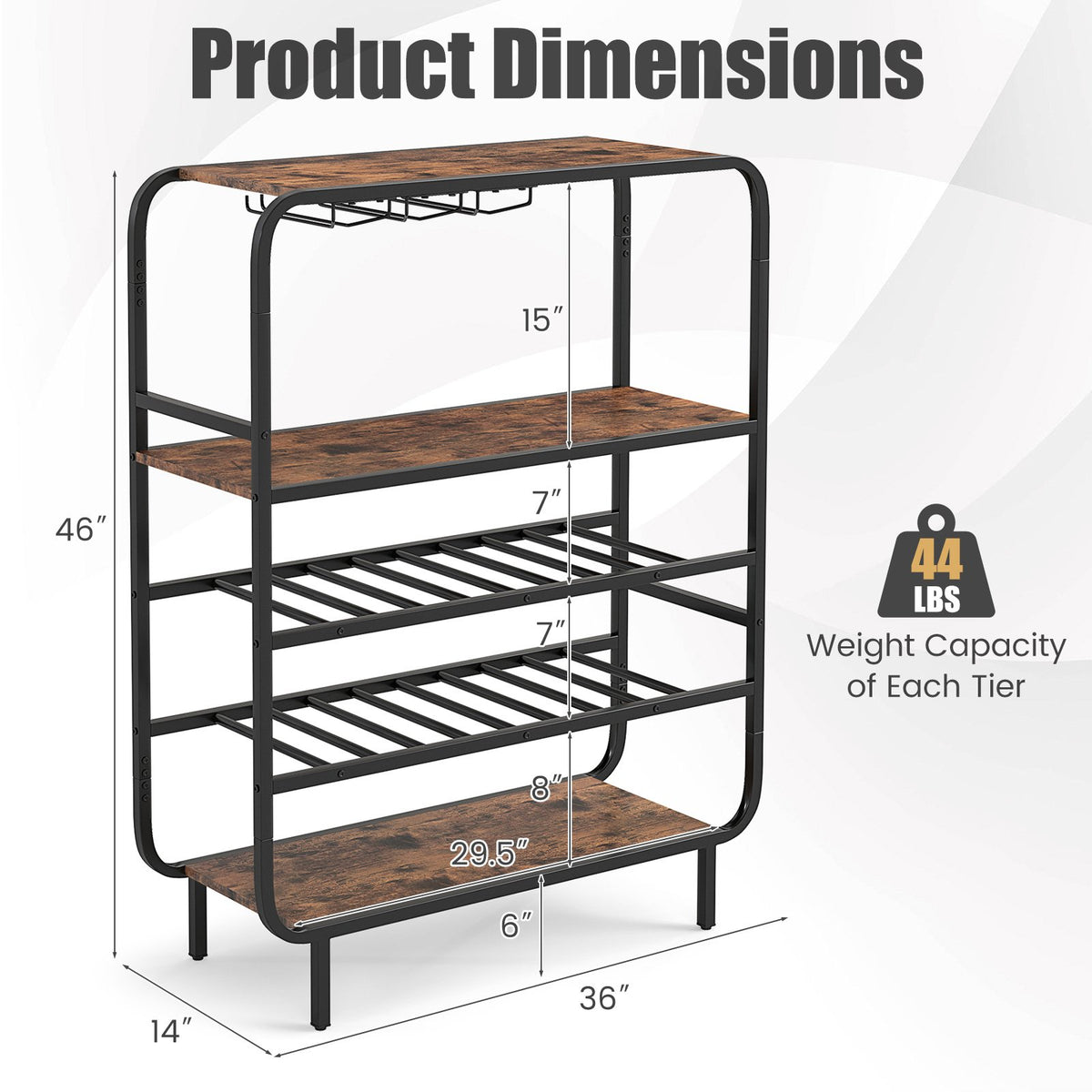 16 Bottle Wine Rack with 5-Tier Wine Shelf and Glass Holders for Kitchen Bar-Rustic Brown view 5
