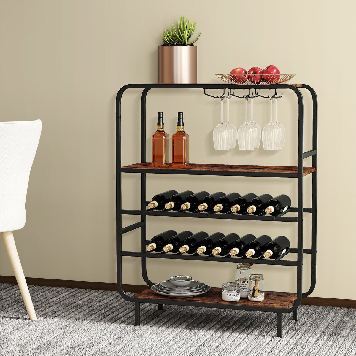 16 Bottle Wine Rack with 5-Tier Wine Shelf and Glass Holders for Kitchen Bar-Rustic Brown view 6