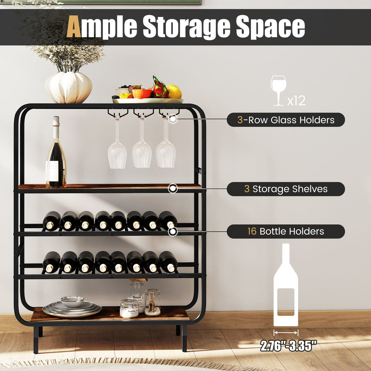 16 Bottle Wine Rack with 5-Tier Wine Shelf and Glass Holders for Kitchen Bar-Rustic Brown view 8