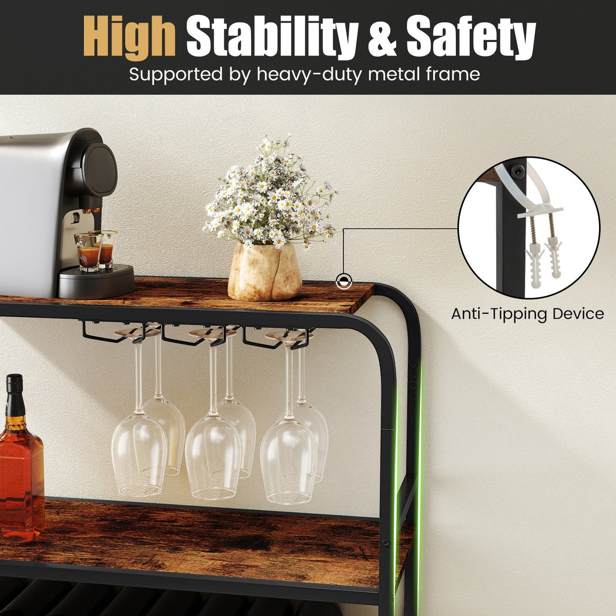 16 Bottle Wine Rack with 5-Tier Wine Shelf and Glass Holders for Kitchen Bar-Rustic Brown view 9