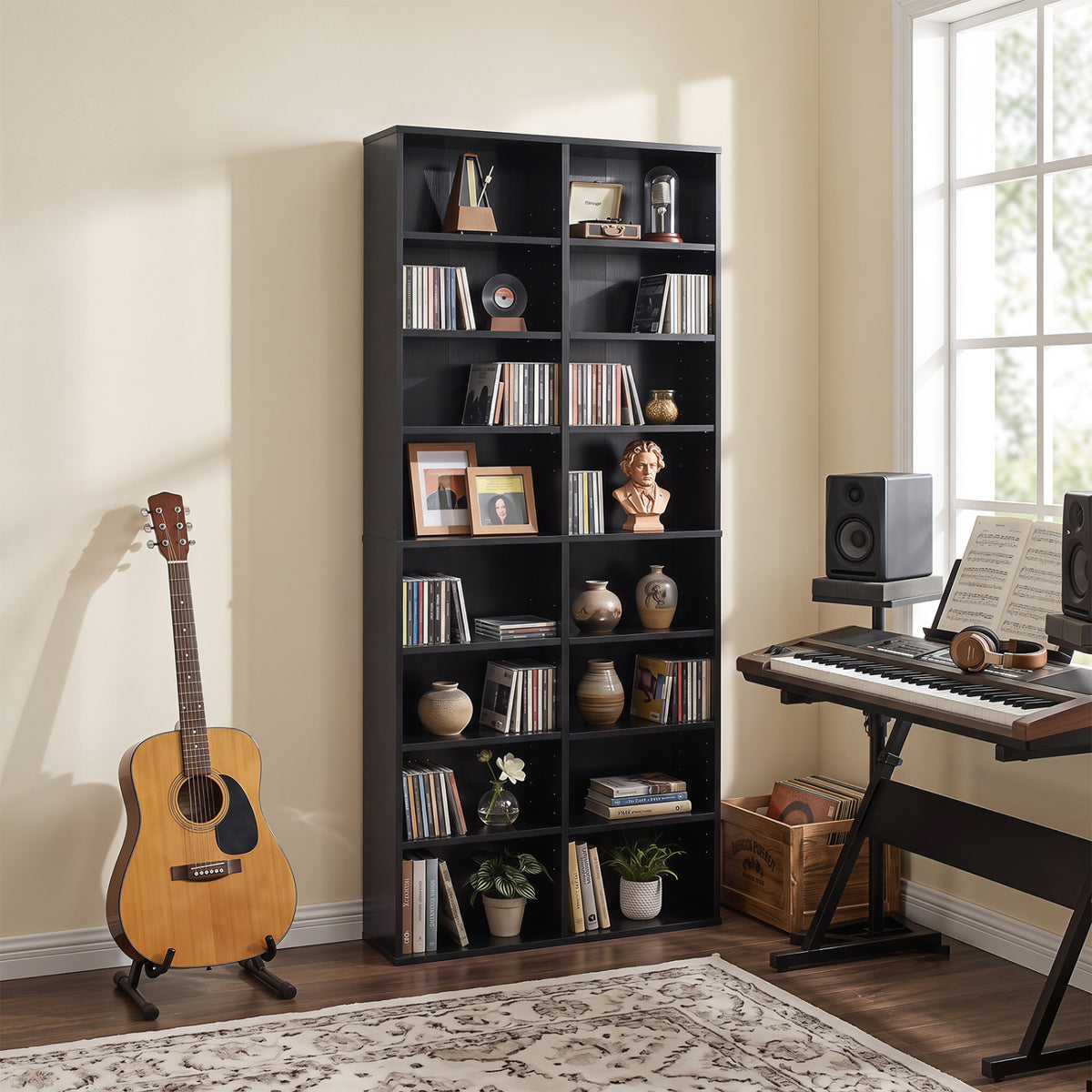 16 Compartment CD Storage Unit 54 inches Freestanding Open Display Shelf with 12 Removable Shelves-Black view 6