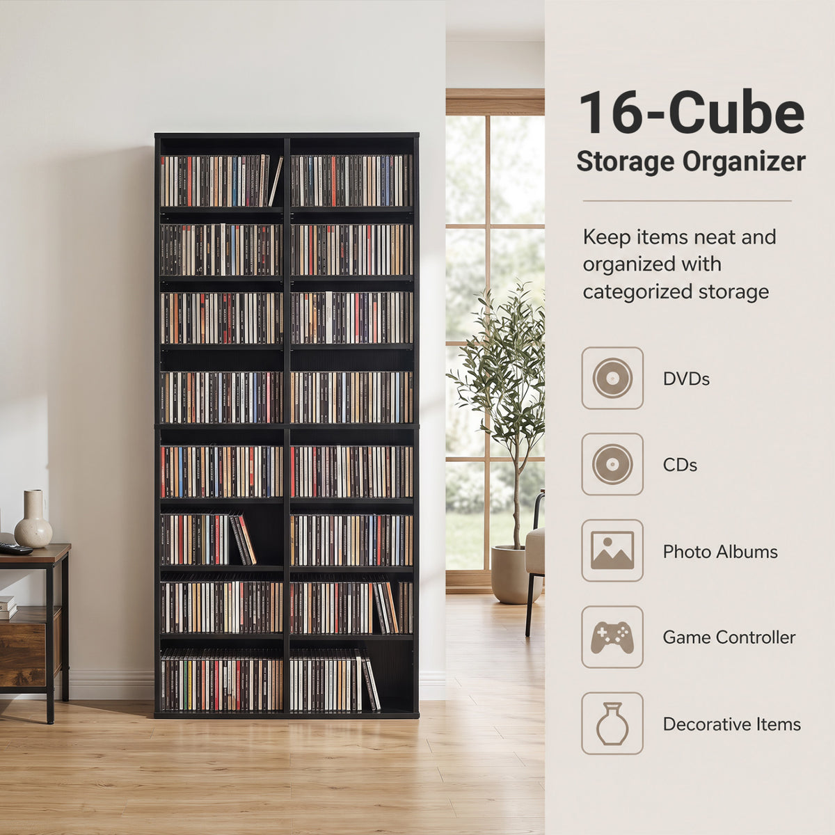 16 Compartment CD Storage Unit 54 inches Freestanding Open Display Shelf with 12 Removable Shelves-Black view 7