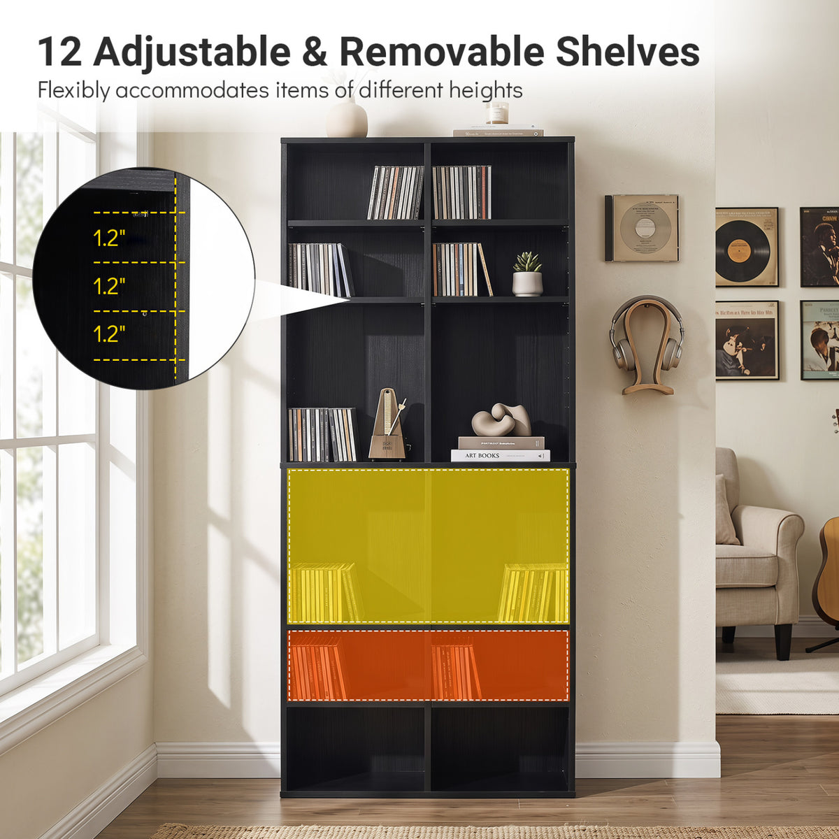 16 Compartment CD Storage Unit 54 inches Freestanding Open Display Shelf with 12 Removable Shelves-Black view 8