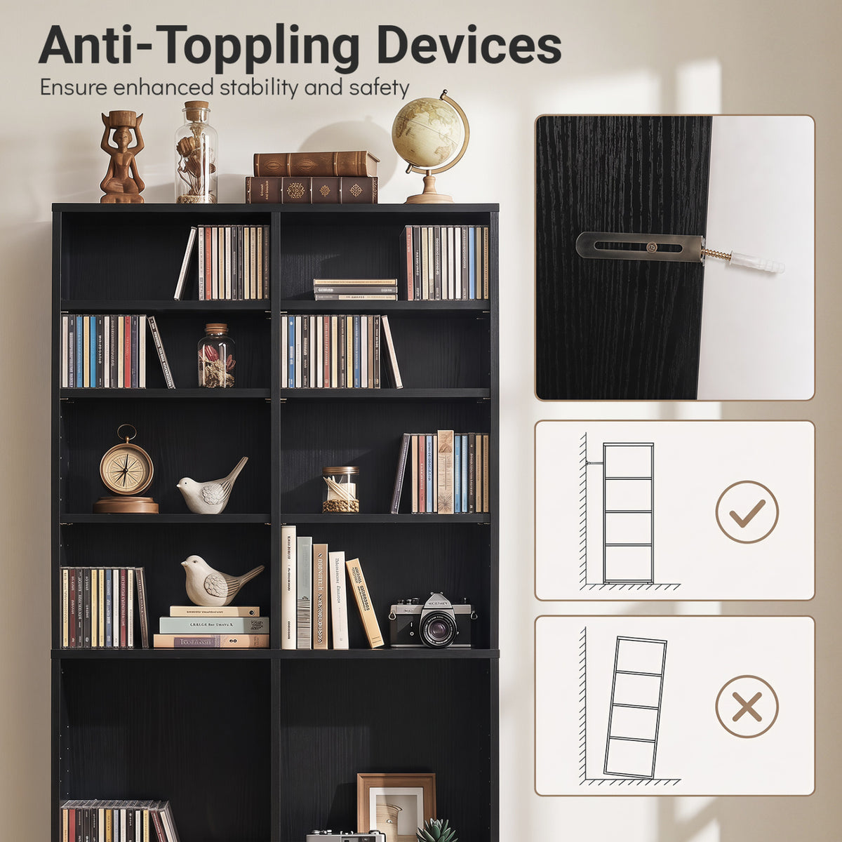 16 Compartment CD Storage Unit 54 inches Freestanding Open Display Shelf with 12 Removable Shelves-Black view 9