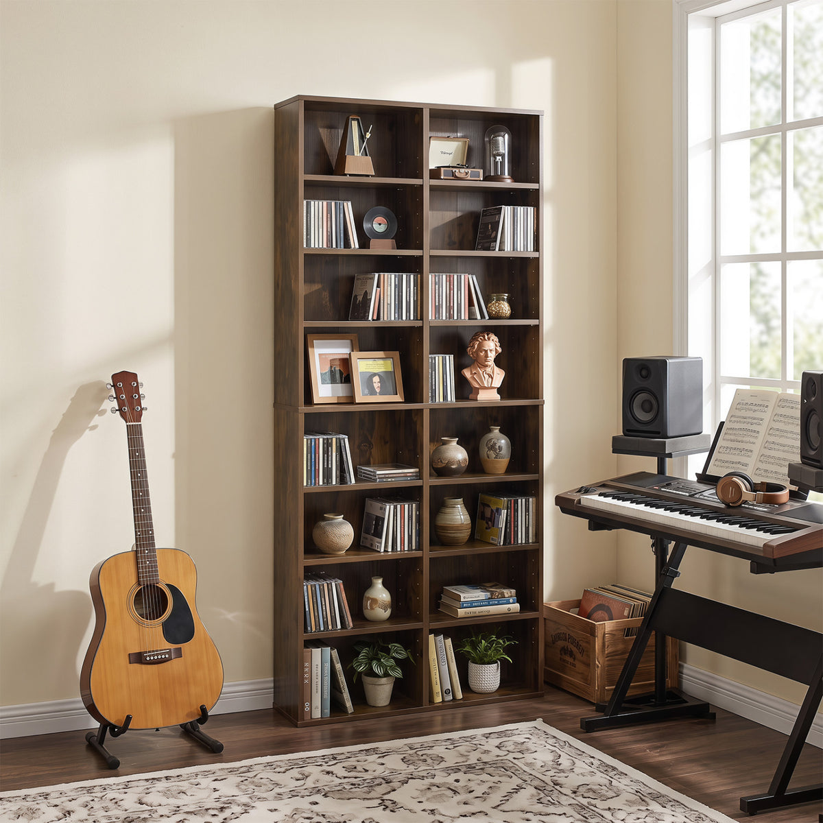 16 Compartment CD Storage Unit 54 inches Freestanding Open Display Shelf with 12 Removable Shelves-Brown view 5