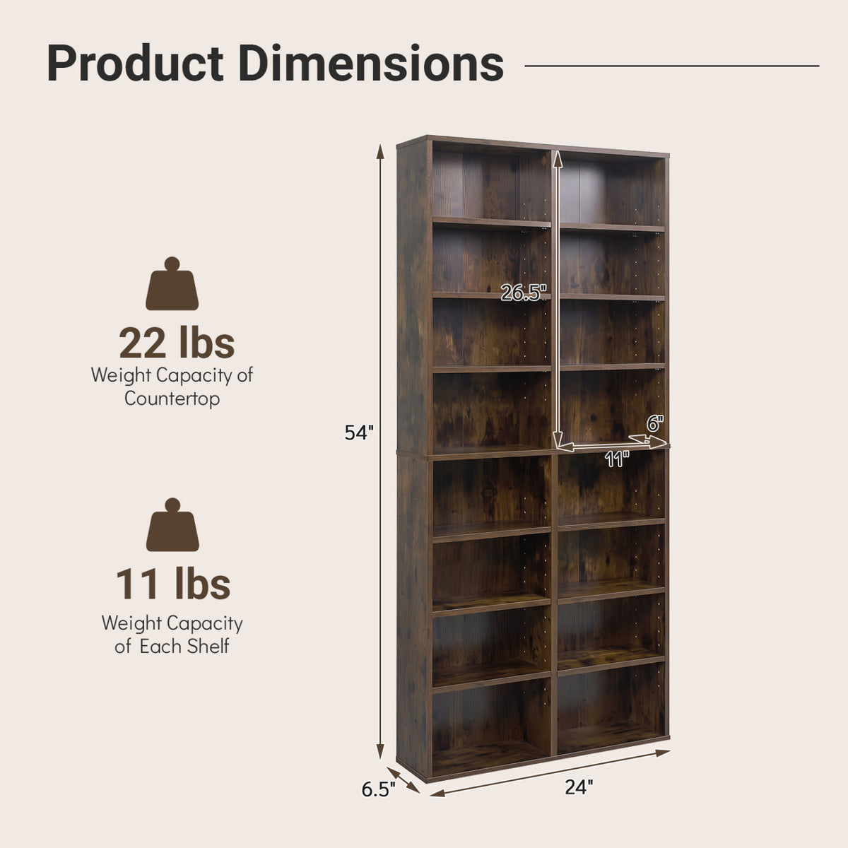 16 Compartment CD Storage Unit 54 inches Freestanding Open Display Shelf with 12 Removable Shelves-Brown view 6