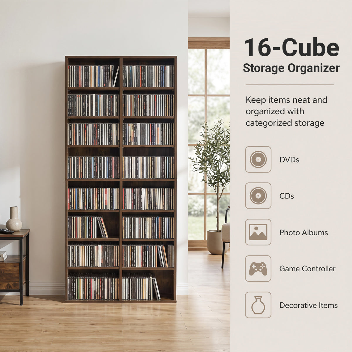 16 Compartment CD Storage Unit 54 inches Freestanding Open Display Shelf with 12 Removable Shelves-Brown view 7