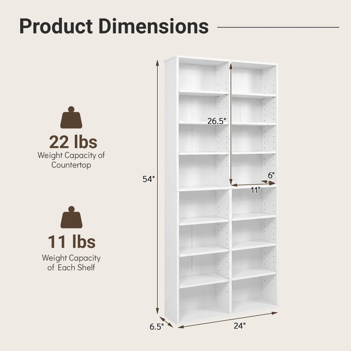 16 Compartment CD Storage Unit 54 inches Freestanding Open Display Shelf with 12 Removable Shelves-White view 5