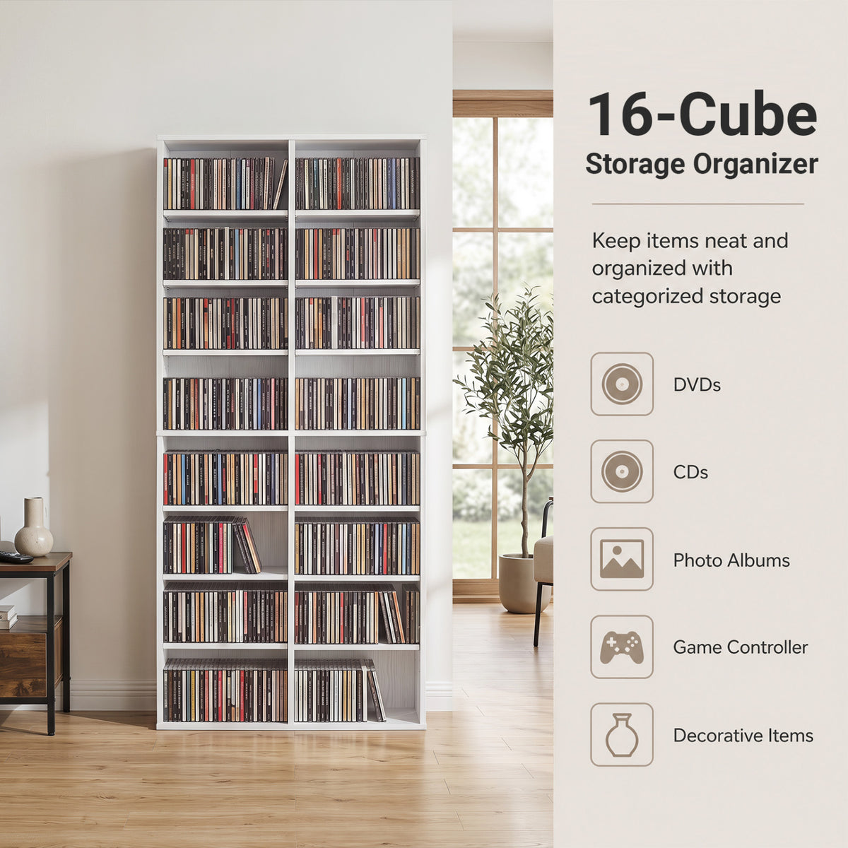 16 Compartment CD Storage Unit 54 inches Freestanding Open Display Shelf with 12 Removable Shelves-White view 7