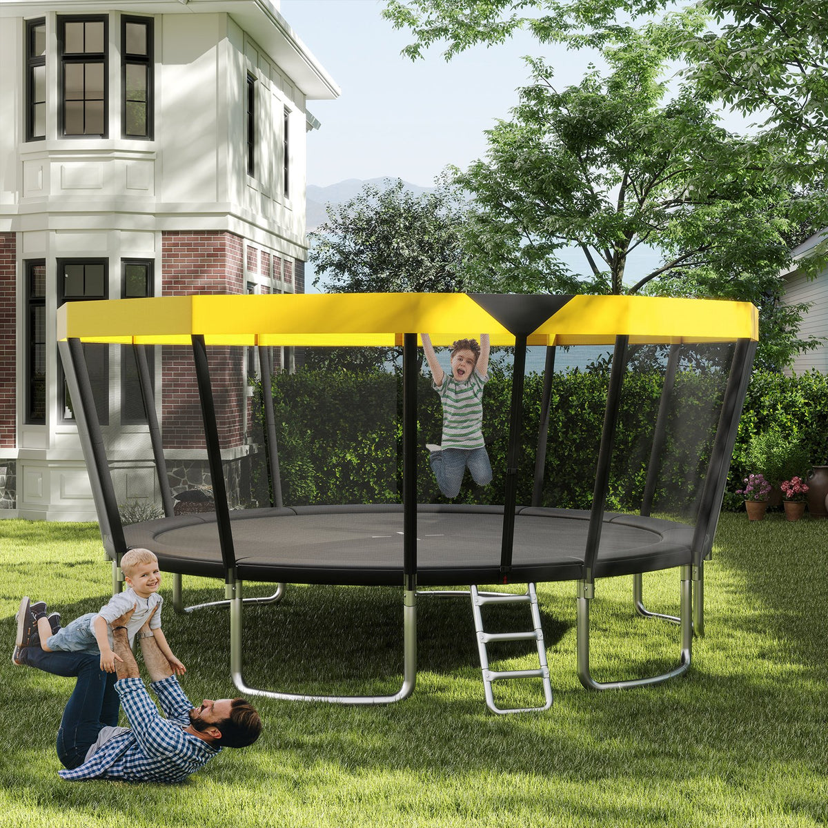 16 FT Outdoor Trampoline ASTM Compliant Recreational Trampoline with Non-Slip Ladder-Yellow view 2