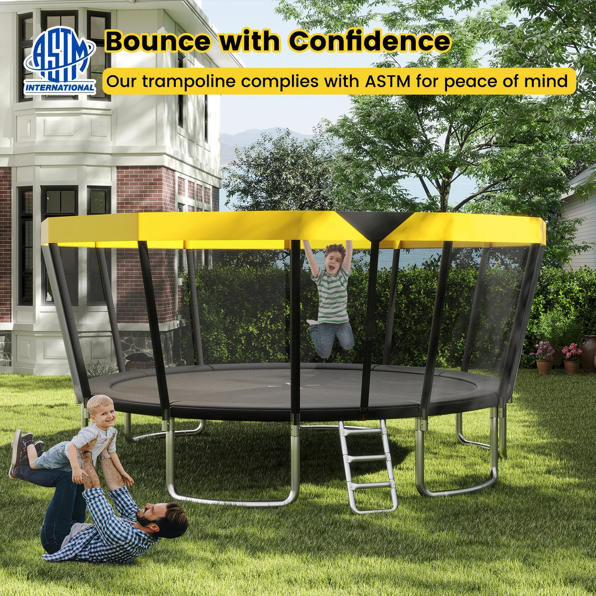 16 FT Outdoor Trampoline ASTM Compliant Recreational Trampoline with Non-Slip Ladder-Yellow view 6
