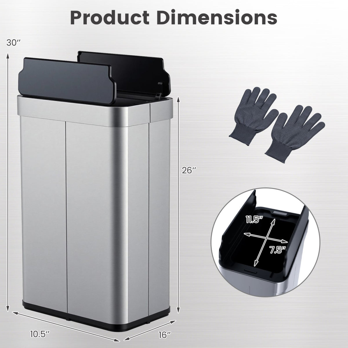 16 Gallon Trash Can with Wing Lids for Bedroom Bathroom Kitchen-Silver view 3