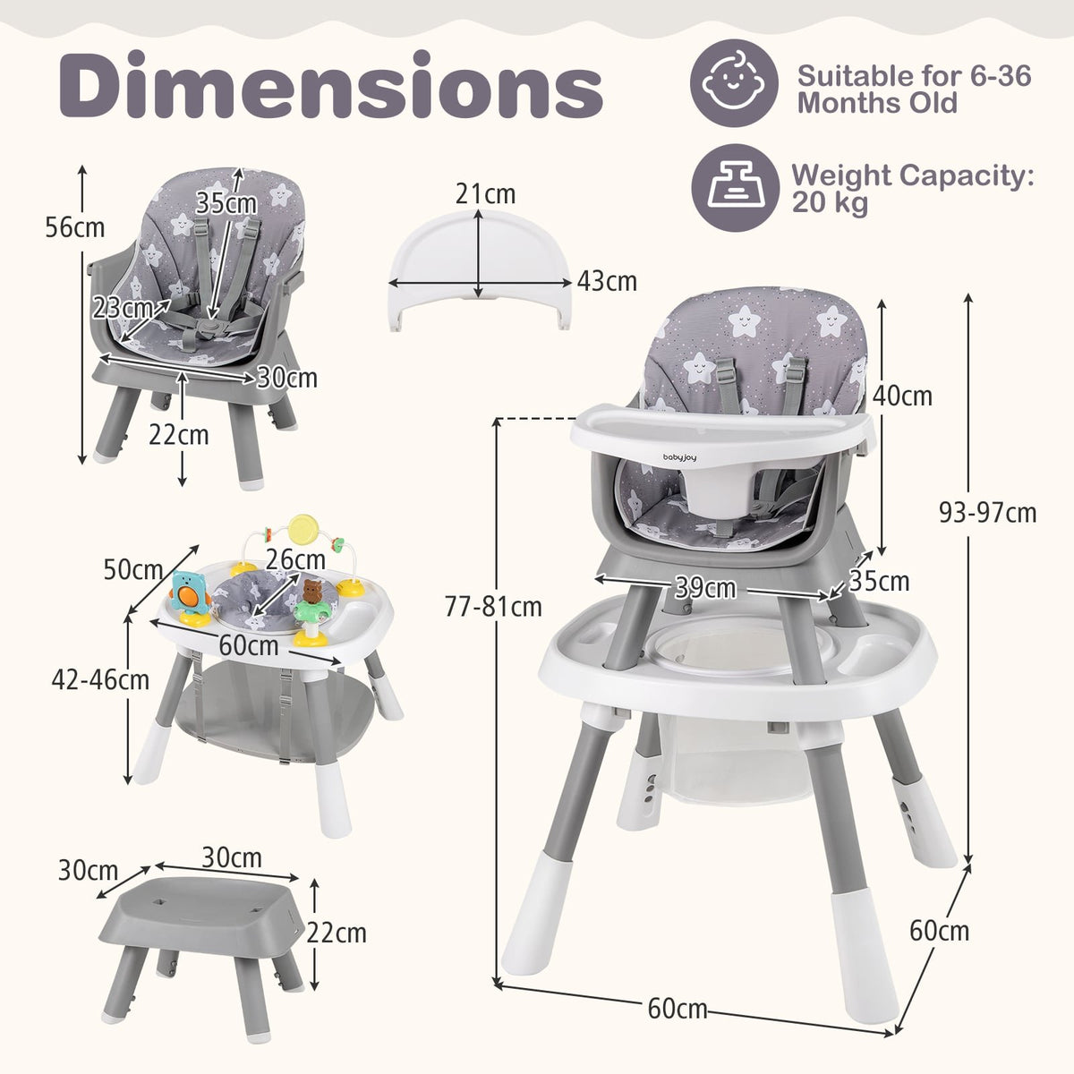 16-in-1 Baby High Chair with Activity Center and Booster Seat for Babies and Toddlers-Grey view 3