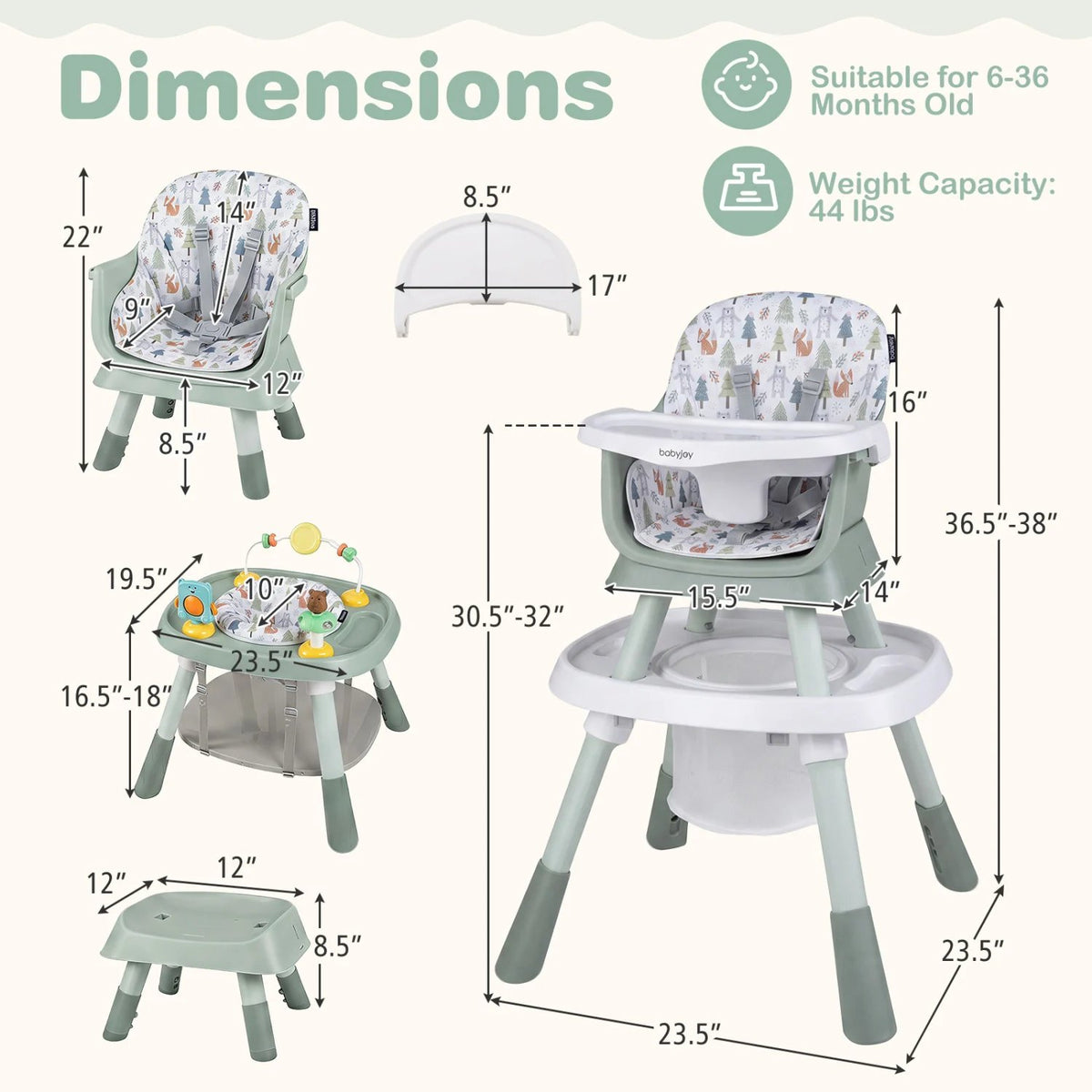16-in-1 Baby High Chair with Activity Center and Booster Seat for Babies and Toddlers-Light Green view 3