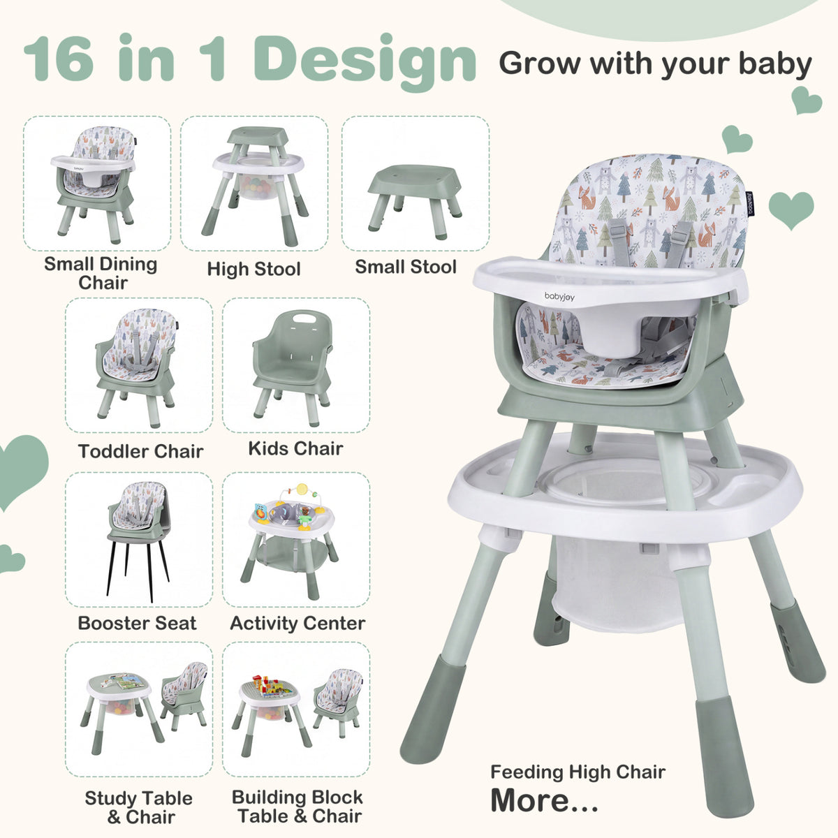 16-in-1 Baby High Chair with Activity Center and Booster Seat for Babies and Toddlers-Light Green view 6