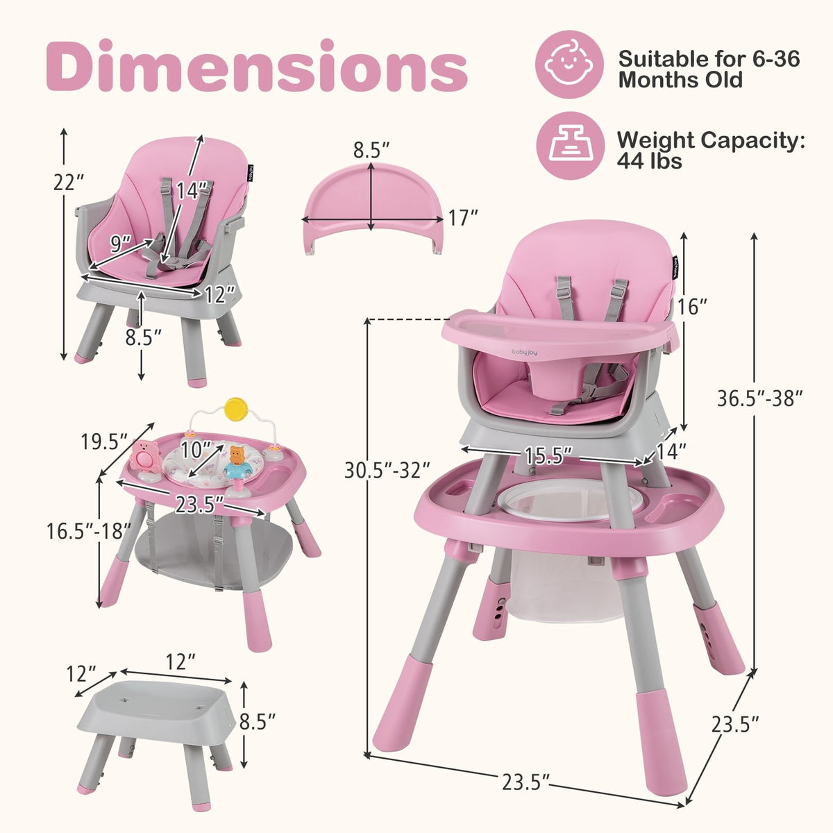 16-in-1 Baby High Chair with Activity Center and Booster Seat for Babies and Toddlers-Pink view 3