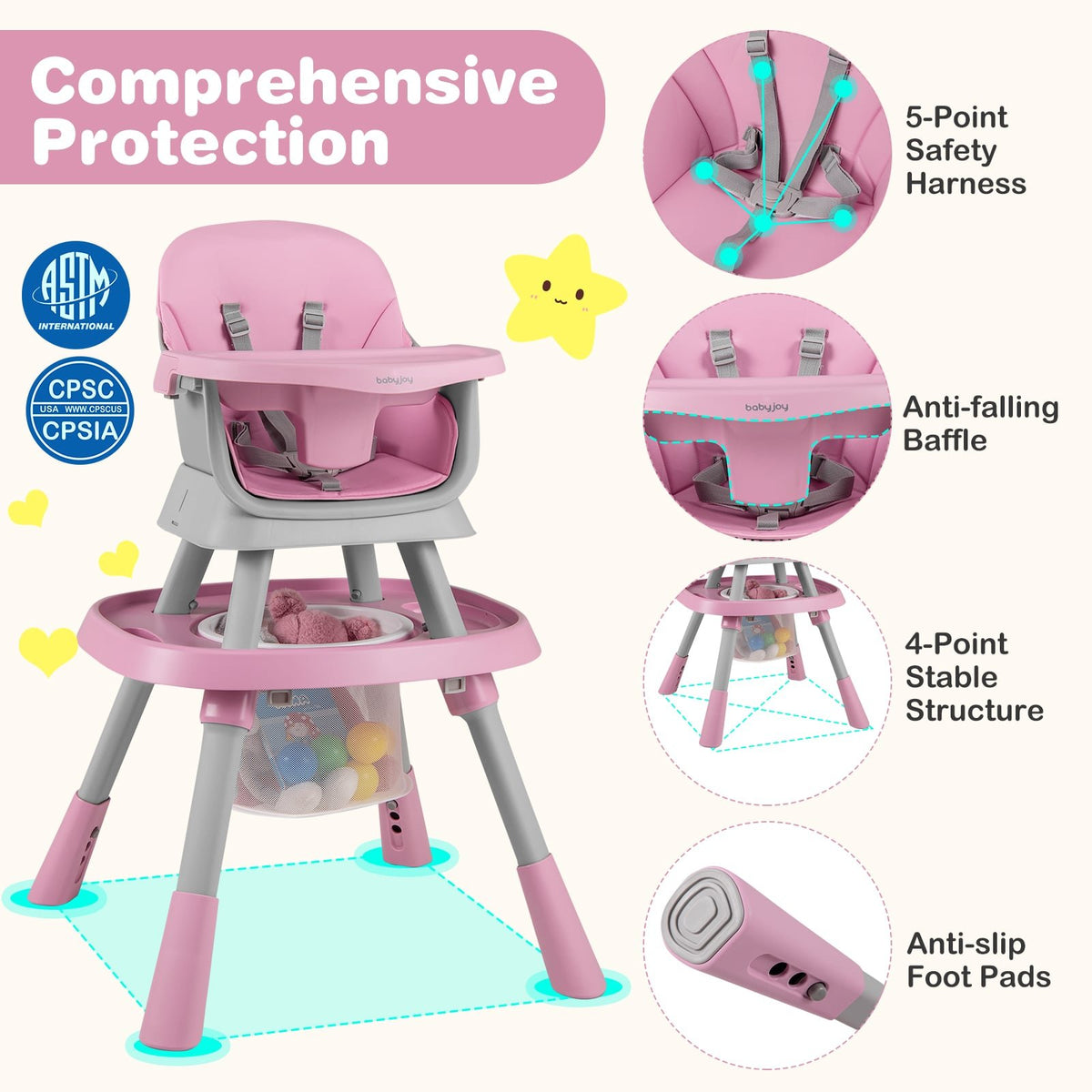 16-in-1 Baby High Chair with Activity Center and Booster Seat for Babies and Toddlers-Pink view 4