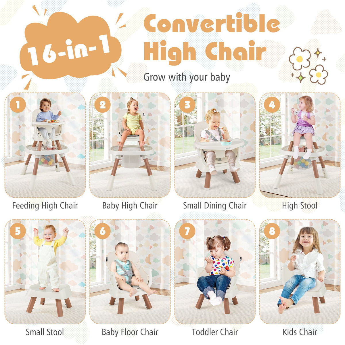 16-in-1 Baby High Chair with Activity Center and Booster Seat for Babies and Toddlers-White view 6