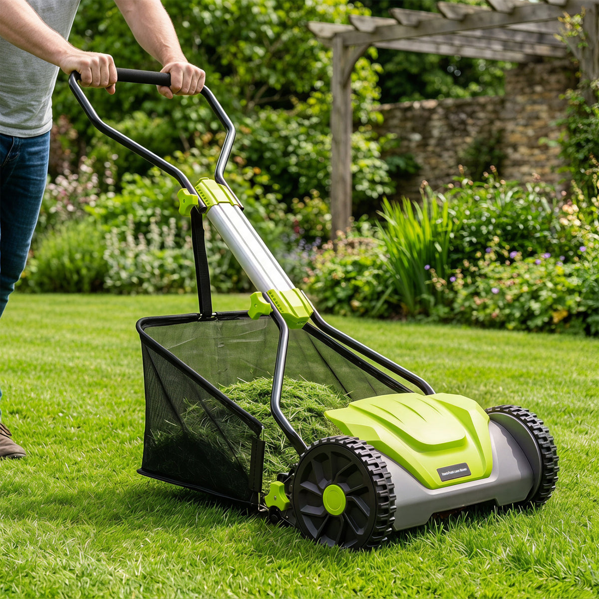 16 Inch Adjustable Cutting Heights 5-Blade Push Reel Lawn Mower with 8 Gal Removable Grass Catcher Bag-Green view 2