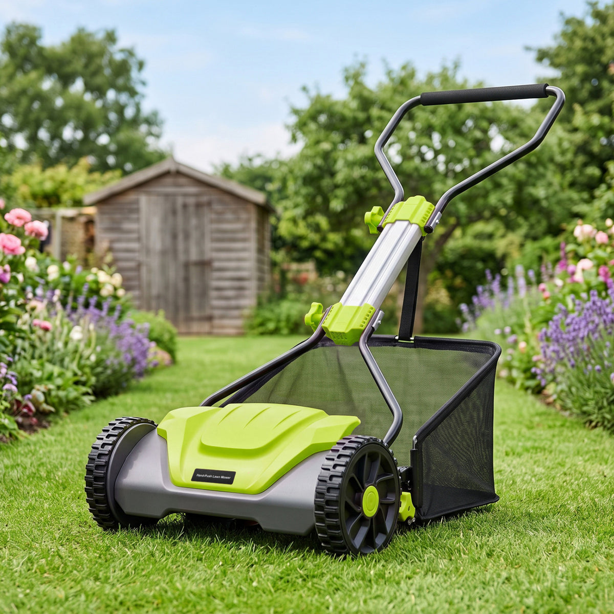 16 Inch Adjustable Cutting Heights 5-Blade Push Reel Lawn Mower with 8 Gal Removable Grass Catcher Bag-Green view 3