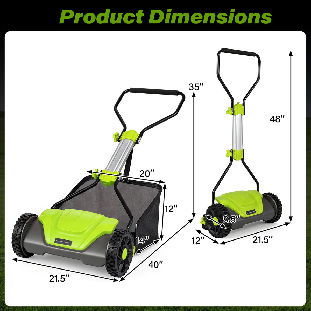 16 Inch Adjustable Cutting Heights 5-Blade Push Reel Lawn Mower with 8 Gal Removable Grass Catcher Bag-Green view 4