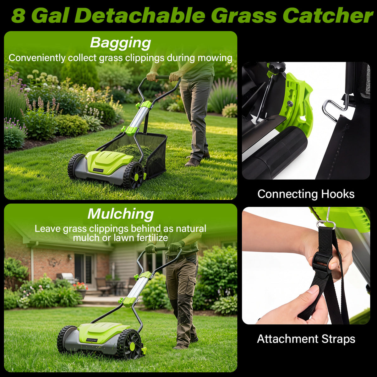 16 Inch Adjustable Cutting Heights 5-Blade Push Reel Lawn Mower with 8 Gal Removable Grass Catcher Bag-Green view 7