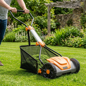 16 Inch Adjustable Cutting Heights 5-Blade Push Reel Lawn Mower with 8 Gal Removable Grass Catcher Bag-Orange view 2