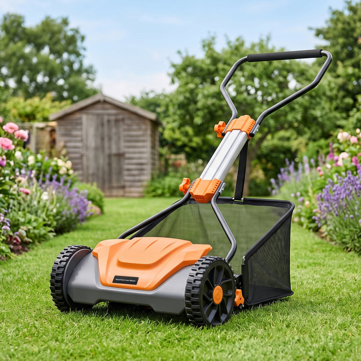16 Inch Adjustable Cutting Heights 5-Blade Push Reel Lawn Mower with 8 Gal Removable Grass Catcher Bag-Orange view 3