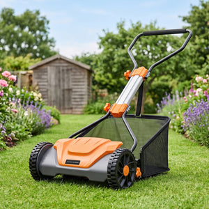 16 Inch Adjustable Cutting Heights 5-Blade Push Reel Lawn Mower with 8 Gal Removable Grass Catcher Bag-Orange view 3