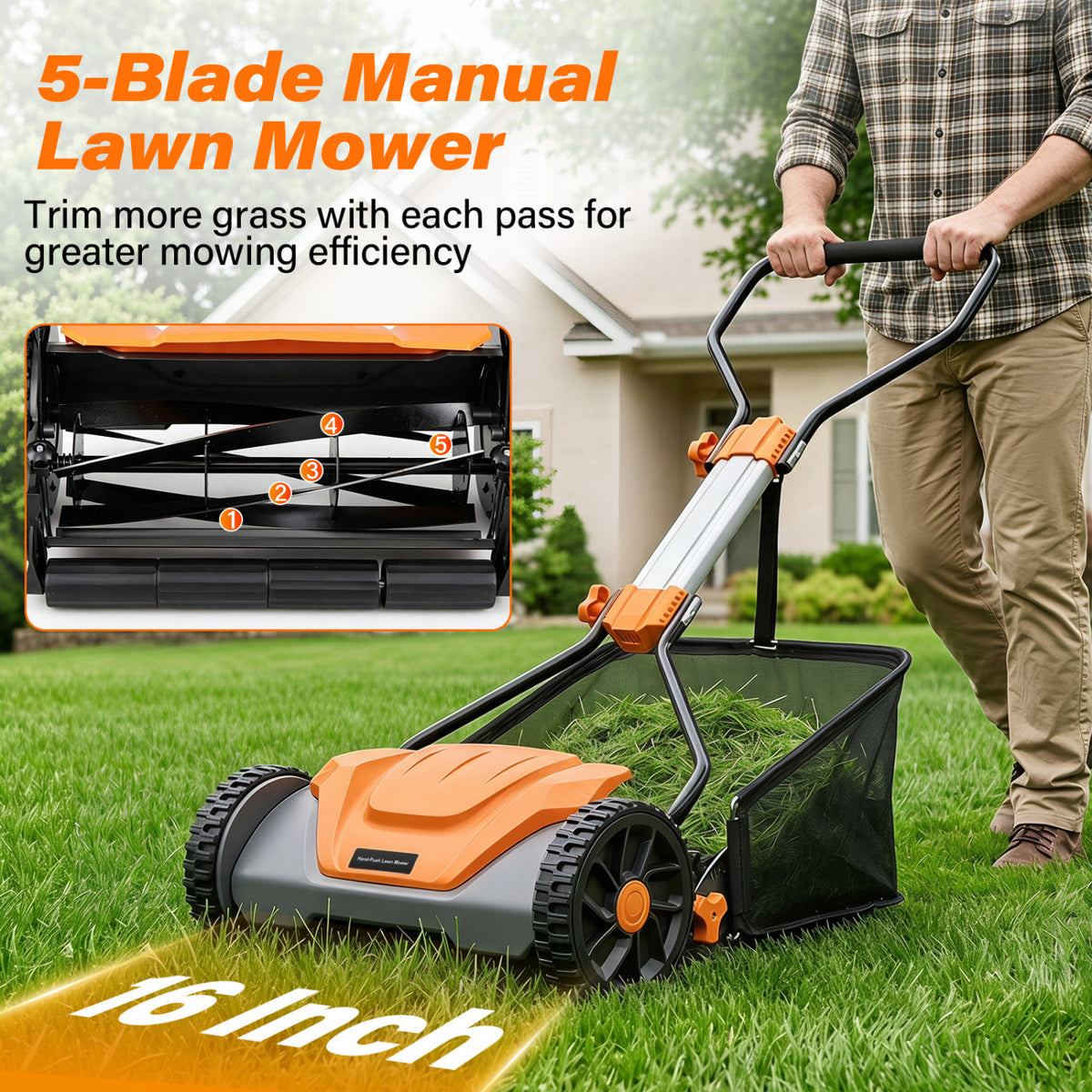 16 Inch Adjustable Cutting Heights 5-Blade Push Reel Lawn Mower with 8 Gal Removable Grass Catcher Bag-Orange view 5
