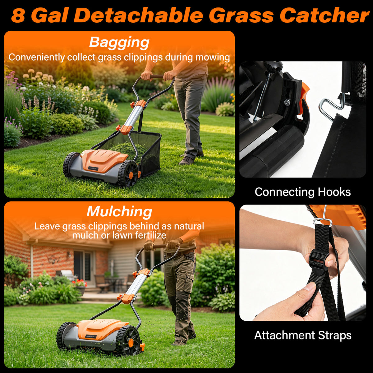 16 Inch Adjustable Cutting Heights 5-Blade Push Reel Lawn Mower with 8 Gal Removable Grass Catcher Bag-Orange view 7