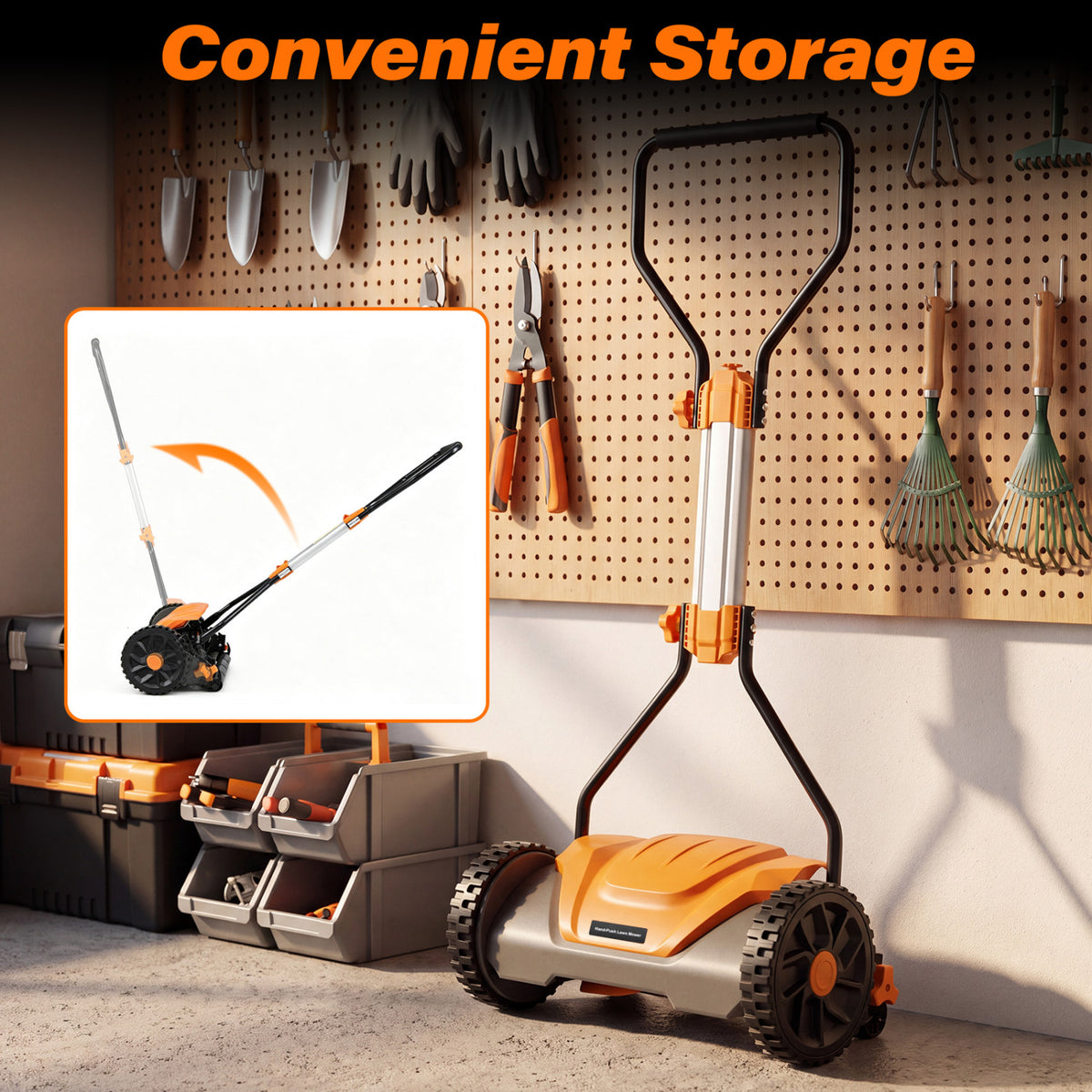 16 Inch Adjustable Cutting Heights 5-Blade Push Reel Lawn Mower with 8 Gal Removable Grass Catcher Bag-Orange view 8