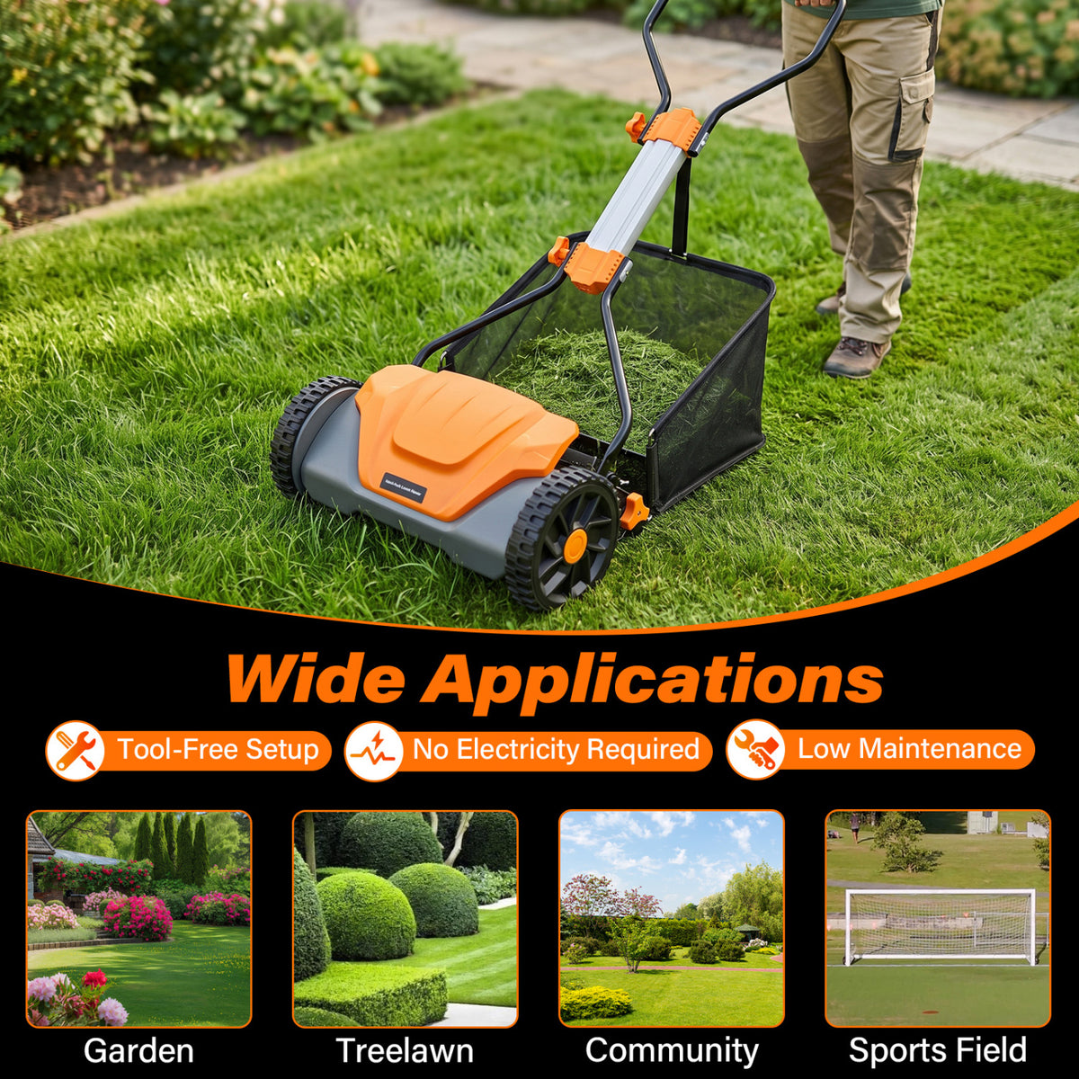 16 Inch Adjustable Cutting Heights 5-Blade Push Reel Lawn Mower with 8 Gal Removable Grass Catcher Bag-Orange view 9