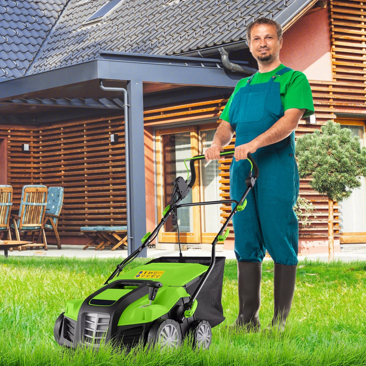 16-Inch Electric Lawn Dethatcher and Scarifier with Collection Bag-Green view 2