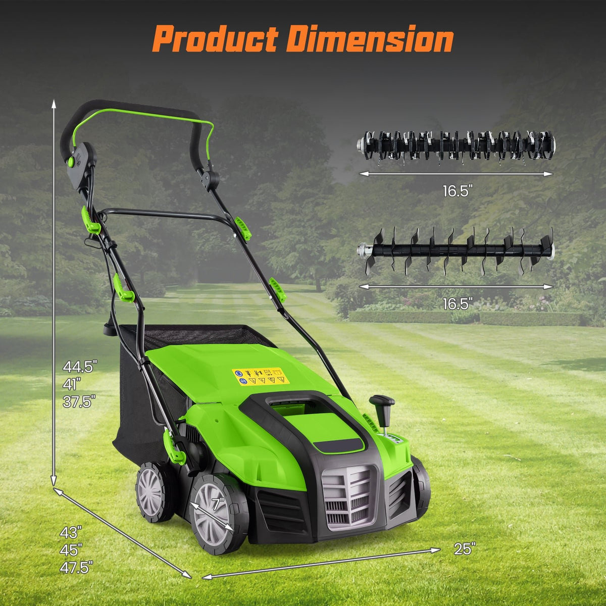 16-Inch Electric Lawn Dethatcher and Scarifier with Collection Bag-Green view 3