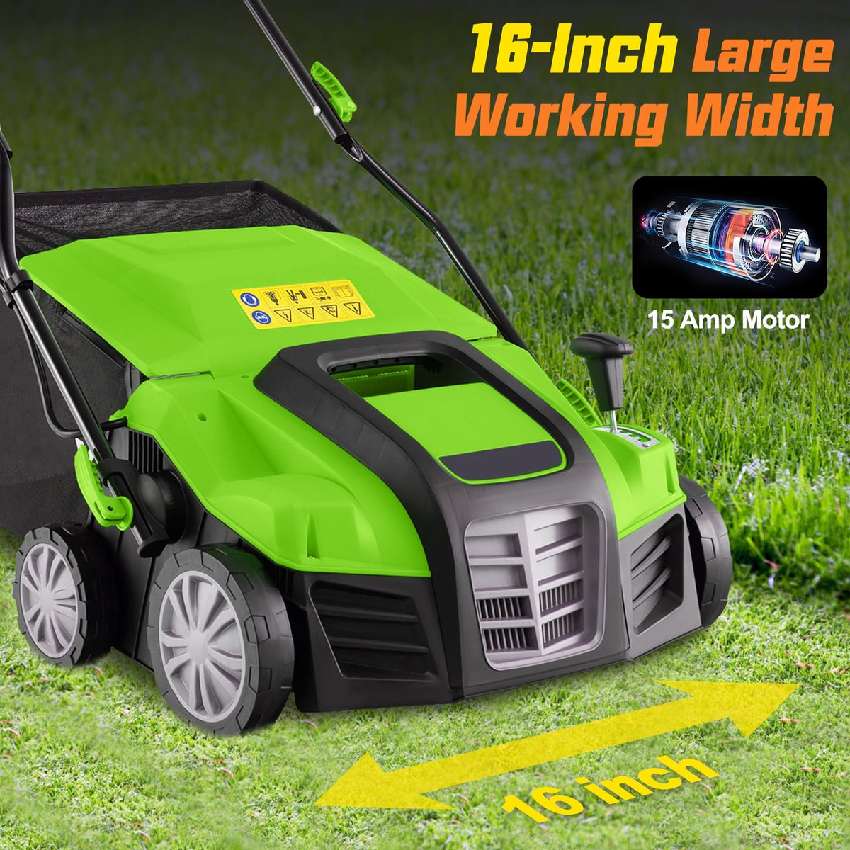 16-Inch Electric Lawn Dethatcher and Scarifier with Collection Bag-Green view 4