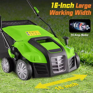 16-Inch Electric Lawn Dethatcher and Scarifier with Collection Bag-Green view 4