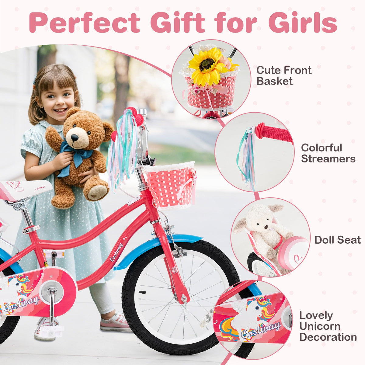 16 Inch Girls Bike for 4-7 Years Old Kids Bike with Doll Seat and Training Wheels view 9