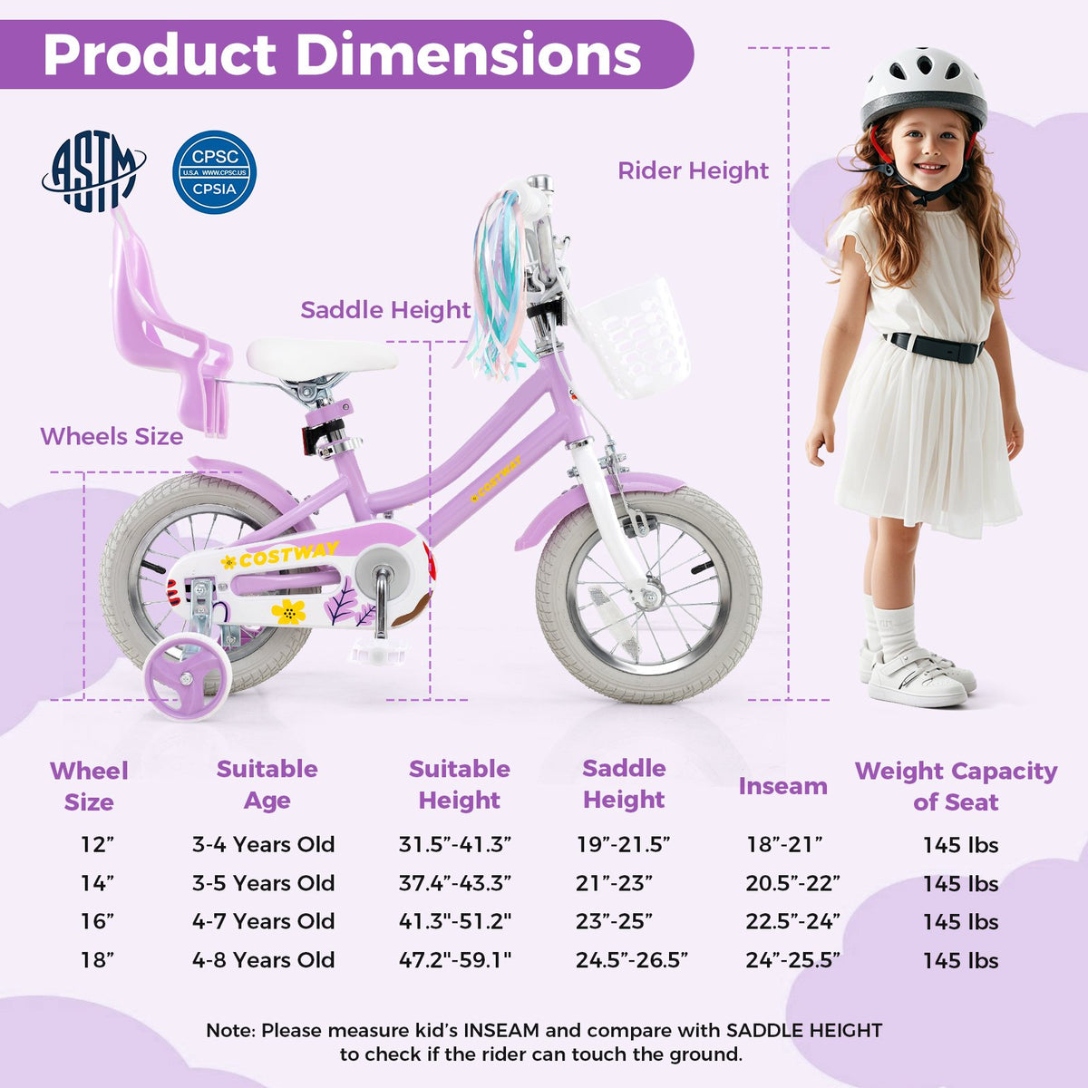12 Inch Girls Bike Kids Bicycle with Doll Seat and Streamers for Children 3-4 Years Old view 4