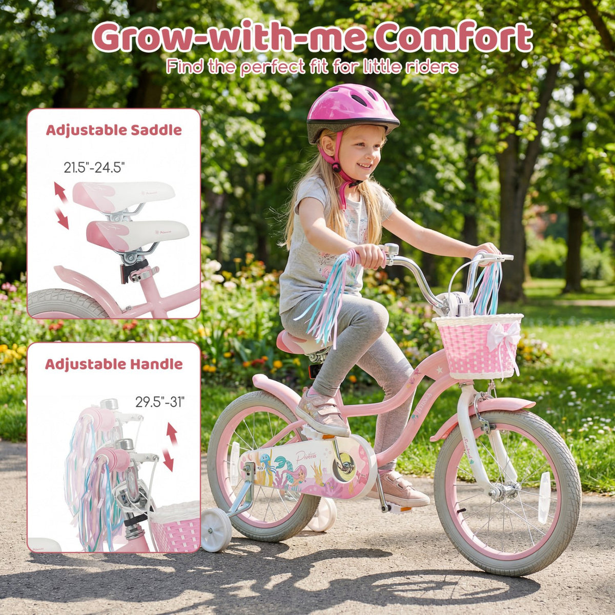 16 Inch Kids Bike Adjustable with Basket and Streamers for Girls Aged 4-7 Years Old Pink view 5
