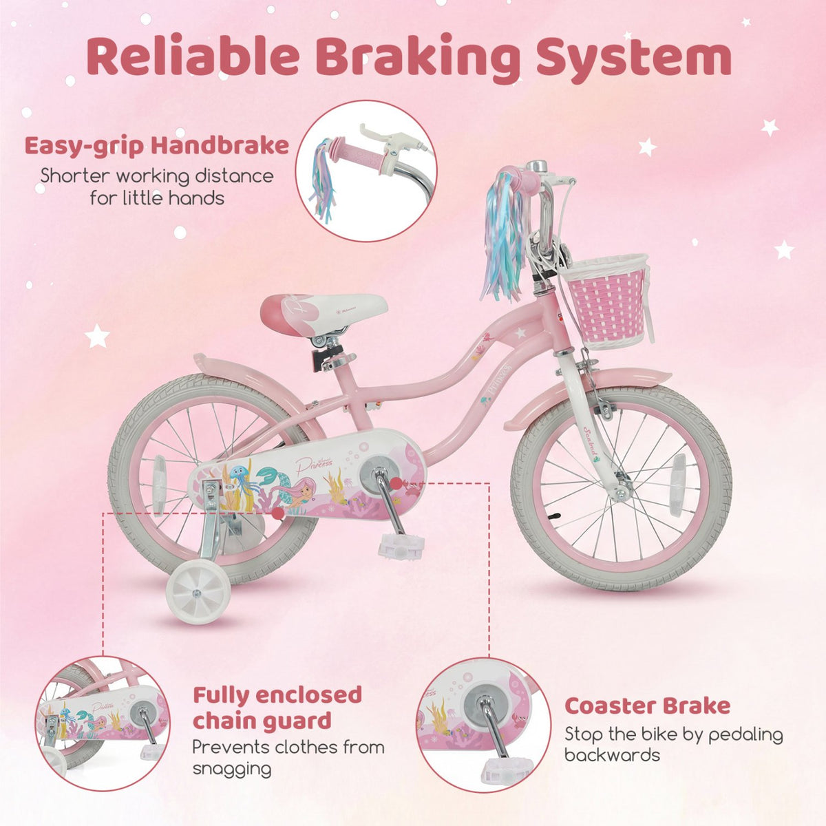 16 Inch Kids Bike Adjustable with Basket and Streamers for Girls Aged 4-7 Years Old Pink view 6